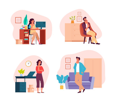 People man woman characters stay home and dreaming thinking concept. Vector flat graphic design illustration setのイラスト素材