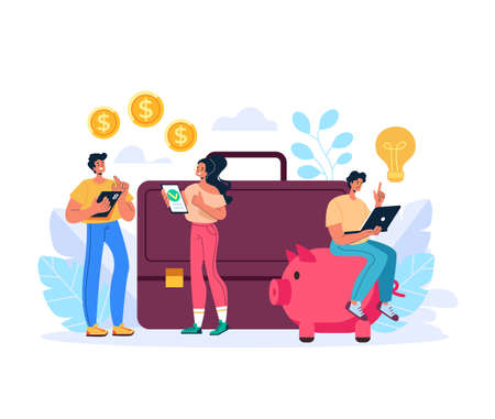 Business people man woman character using web site and planning business strategy. Start up idea planning concept. Vector flat graphic design illustrationのイラスト素材