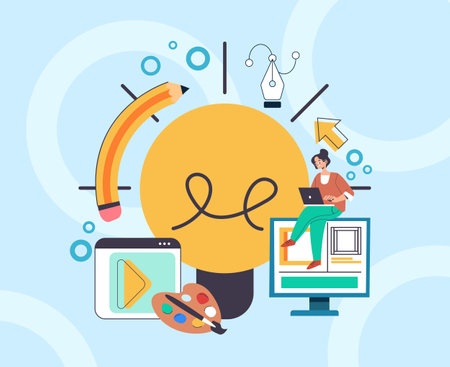 Web designer digital artist create drawing development art project. Vector flat graphic design illustrationのイラスト素材