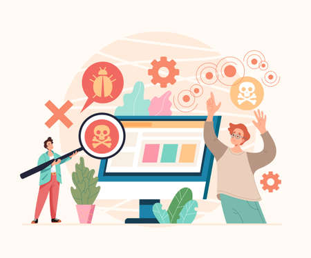 Bug tester virus searching teamwork concept. Vector flat graphic design illustrationのイラスト素材