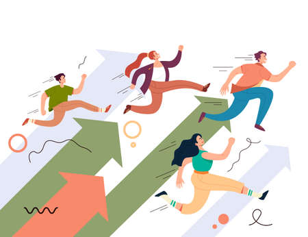 People teamwork characters running way forward.