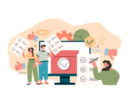 People voters characters pulling down ballot. Online web internet electronic voting election on computer monitor screen concept.のイラスト素材