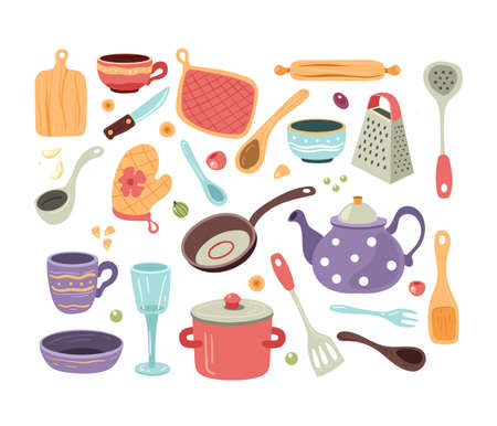 Set of hand drawn doodle sketch kitchen utensilsのイラスト素材