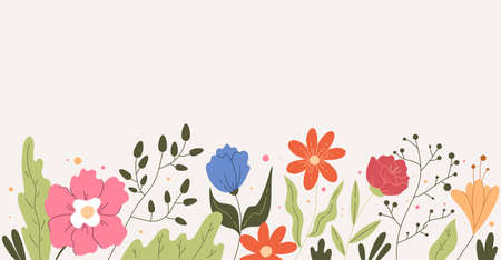 Simple hand drawn floral field flowers frame background concept. Vector flat graphic design modern style illustrationのイラスト素材