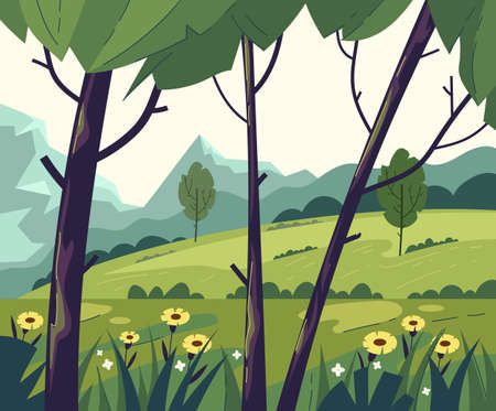 Green empty tree field mountain forest nature concept. Vector flat graphic design modern style illustrationのイラスト素材