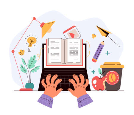 People student character reading open book by internet online on laptop screen.のイラスト素材