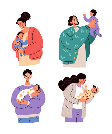 Happy parents mothers and fathers holding newborn babies on hands. Parenthood motherhood fatherhood conceptのイラスト素材