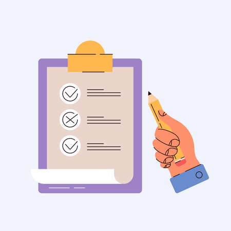 Hand arm cartoon holding pencil and put tick in box concept.のイラスト素材
