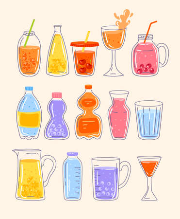 Summer juice and lemonade water with fresh berry and fruit bottle isolated set.のイラスト素材
