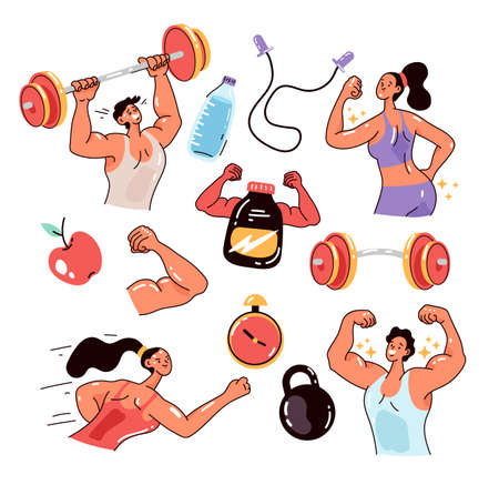 People man woman characters exercising. Sport gym bodybuilding athletic workout isolated set. Vector flat modern style design illustrationのイラスト素材