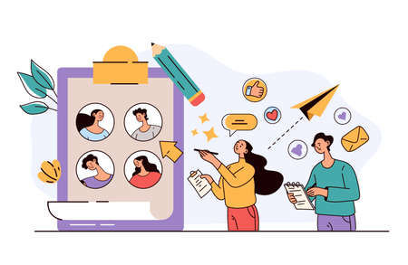 Man woman charactes managers choosing work candidate. Headhunting recruitment hr management job interview abstract concept. Vector flat modern style design illustrationのイラスト素材