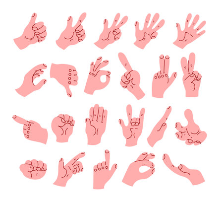 Cartoon hand arm with differnet gestures and fingers position. Gesture palm pointing hand communication language conept. Vector flat graphic design illustrationのイラスト素材