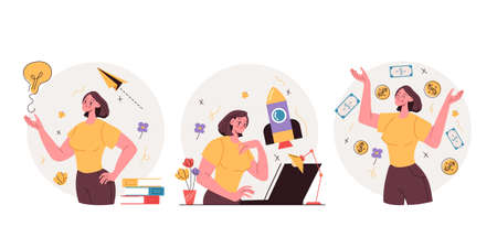 Business woman character creating and development new business project and get money. Fresh business idea development steps and stages. Vector flat graphic design illustrationのイラスト素材
