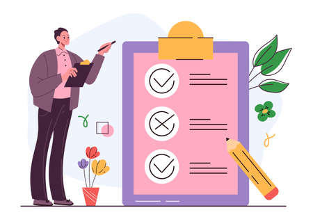 Business man character successful task checklist completion completed. Check mark list organization...