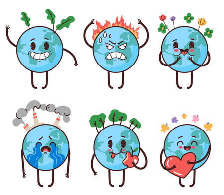 Planet earth mascot character having different emotions, love, happy, angry, cry. Happy Earth day stickers isolated set. Vector flat cartoon graphic illustrationのイラスト素材