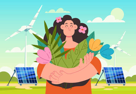 Woman character holding flowers and breathing fresh air. Wind station and solar battery concept. Vector flat modern style graphic illustrationのイラスト素材