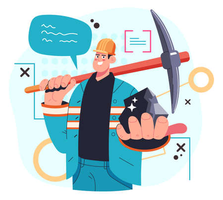 Miner worker man character holding peace of coal in hand. Vector flat modern style graphic illustrationのイラスト素材