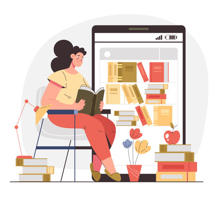 Woman girl student character reading book online. Internet web education concept. Vector flat modern style graphic illustrationのイラスト素材
