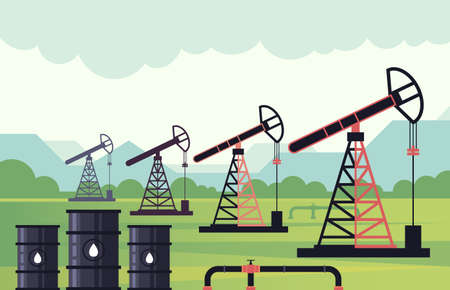 Industrial zone oil drilling concept. Vector flat modern style graphic illustration