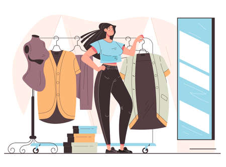 Woman consumer character trying cloth dress and looking mirror. Vector flat modern style graphic illustrationのイラスト素材
