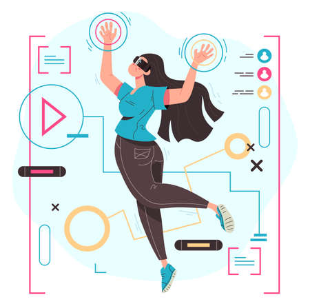 Woman in virtual reality glasses making 3D vision concept. Vector flat modern style graphic illustrationのイラスト素材