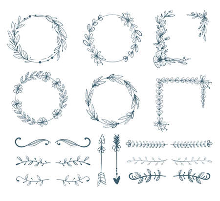 Hand drawn floral flowers doodle line sketch frame arrows elements isolated design vector setのイラスト素材