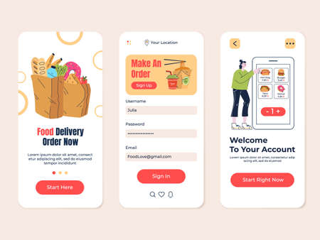 Food grocery delivery shop cafe searching mobile app vector flat modern designのイラスト素材