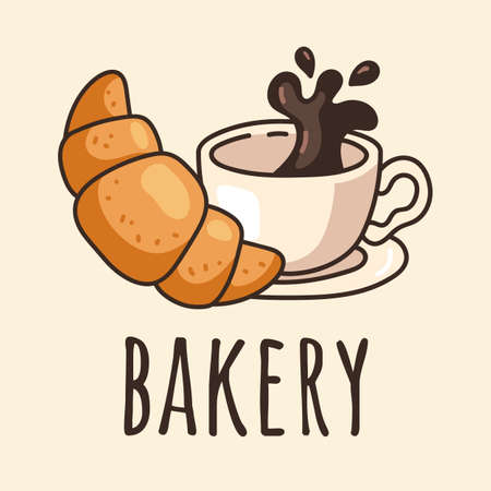 Morning breakfast dessert cup of coffee and croissant isolated logo sticker design elementのイラスト素材