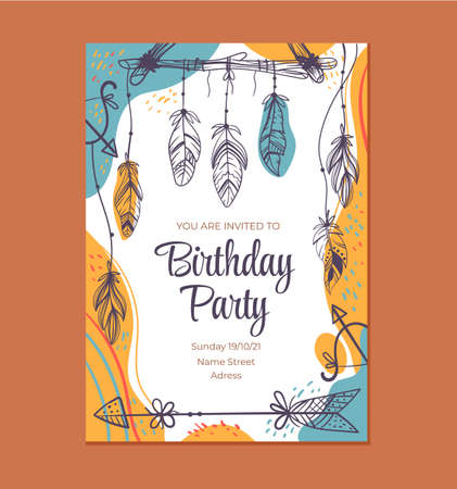 Boho style birthday invitation template graphic design illustrationのイラスト素材