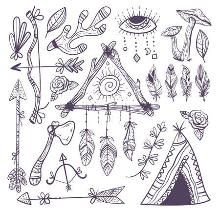 Boho hand drawn esoteric element design collection setのイラスト素材
