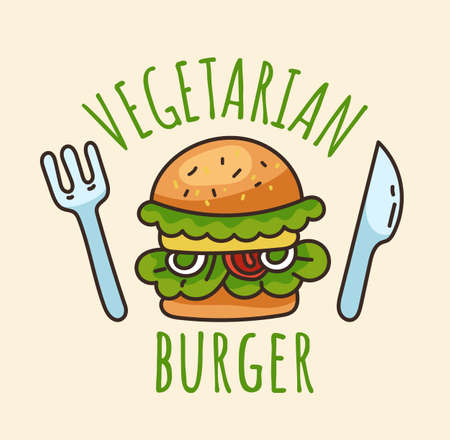 Vegetarian burger sticker design concept. Vector flat cartoon graphic design illustrationのイラスト素材