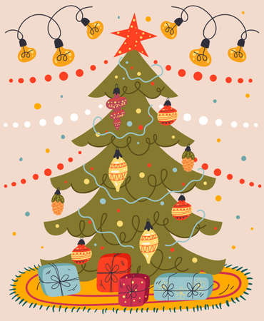 Christmas tree with gift box card vector flat graphic design illustrationのイラスト素材