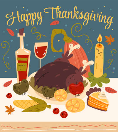 Thanksgiving dinner with turkey and pumpkin vector flat graphic design illustrationのイラスト素材