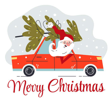 Christmas Santa Claus driving car with tree pine card vector flat graphic design illustrationのイラスト素材