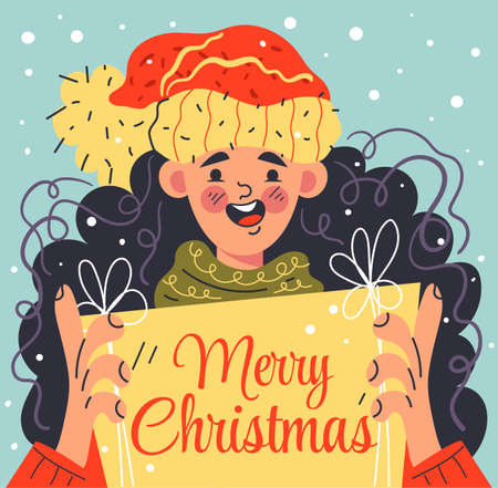 Christmas girl hold gift box with celebration text Merry Christmasのイラスト素材