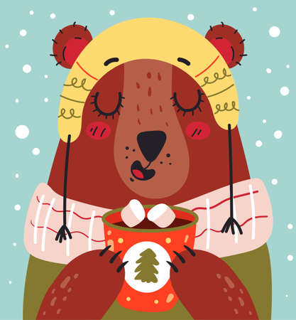 Christmas and New Year bear character drinking hot cacao at winter card vector flat graphic design illustrationのイラスト素材