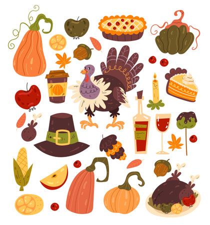 Thanksgiving hand drawn isolated setのイラスト素材