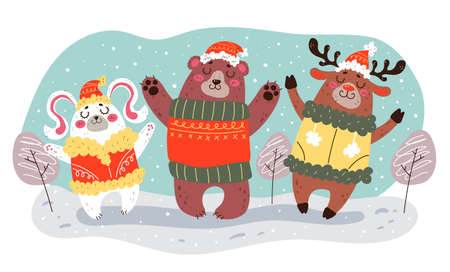 Christmas winter forest animal characters celebration New Year. Design element card cartoon hand drawn illustrationのイラスト素材