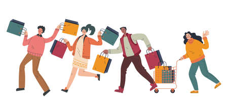 Happy people man woman characters celebraiting Black Friday sale design element concept. Vector cartoon illustrationのイラスト素材