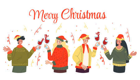 People characters man woman colleagues celebrate New Year. Merry Christmas party design element card cartoon hand drawn illustrationのイラスト素材