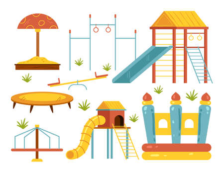 Children playground isolated design element set collection. Vector cartoon hand drawn illustration