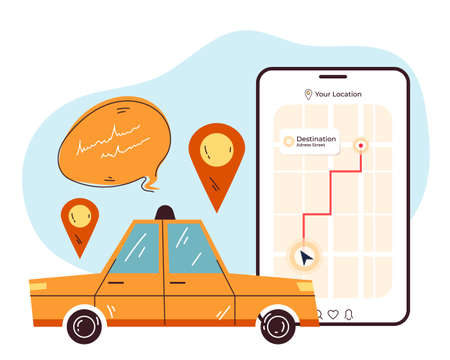 Taxi mobile app order city urban online service concept. Vector cartoon hand drawn illustrationのイラスト素材