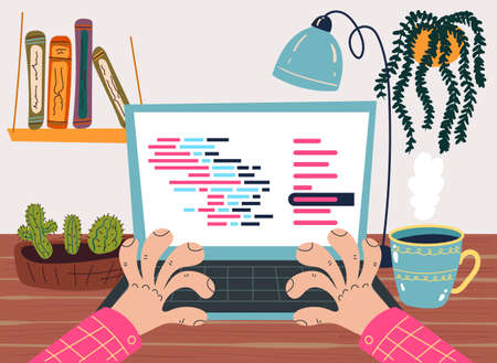 Programmer worker character develope computer programm code concept. Vector cartoon hand drawn illustrationのイラスト素材