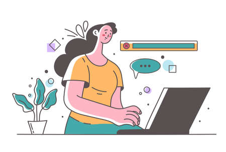Woman character searching information by internet and using laptop. Vector design element flat graphic illustrationのイラスト素材