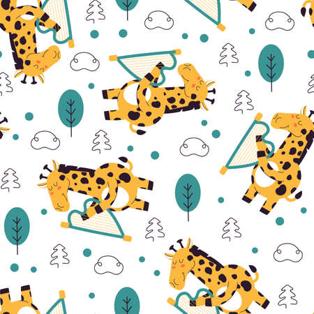 Tropical jungle forest animal giraffe playing music on gusli seamless endless repeat rainbow vector flat patternのイラスト素材