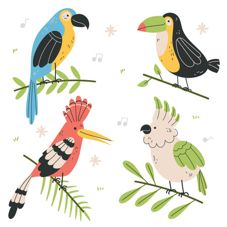 Different type of exotic birds. Vector flat cartoon graphic design illustrationのイラスト素材