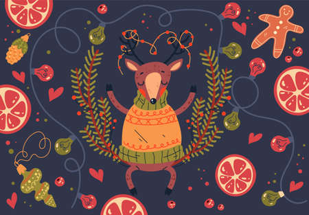 Christmas banner poster with deer vector flat illustrationのイラスト素材