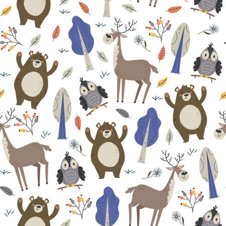 Forest animals owl deer bear wood tree seamless pattern. Vector flat graphic design cartoon illustrationのイラスト素材