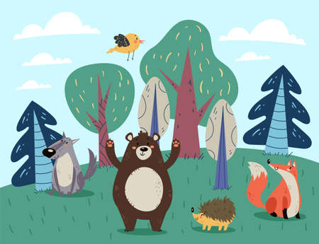 Forest animal bear fox woolf hedgehog wood tree concept. Vector flat graphic design cartoon illustrationのイラスト素材