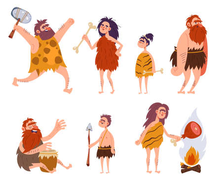 Cavemen barbarian family tribe characters isolated set. Vector flat graphic design cartoon...